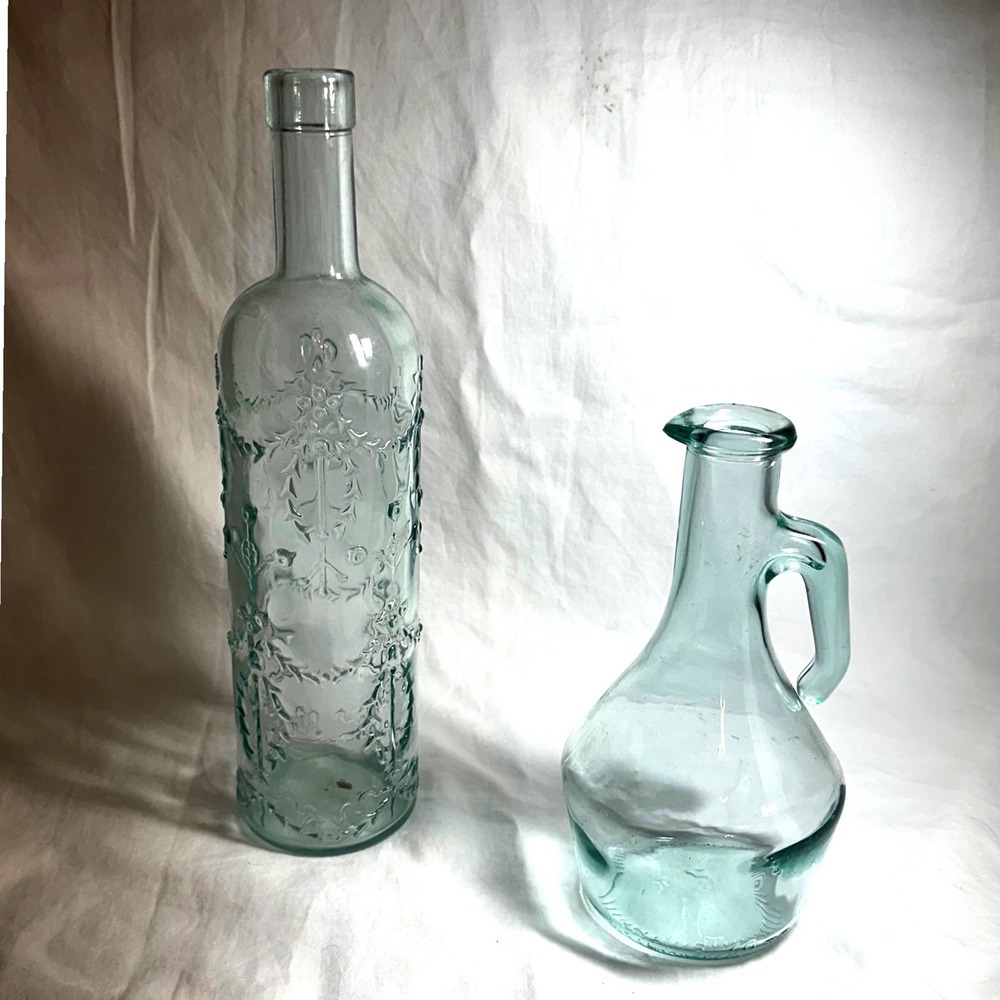 Recycled Glass Bottle Set AquaGreen Excellent Embossed Farmhouse Rustic Cottage